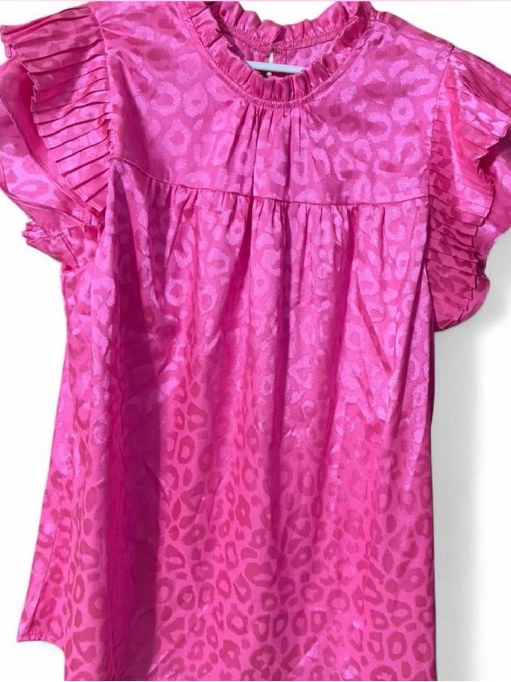 Bright Pink Leopard Jacquard Ruffled Sleeve Top
